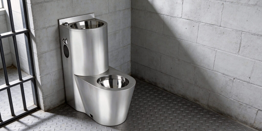 Durable stainless steel jail toilet and washbasin combo designed for high-security prison toilet room installations
